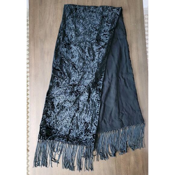 Unbranded Vintage Black Embroidered Velvet Rectangle Scarf w/ Fringe 11x52 in - Picture 3 of 3